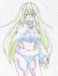  1girl bangs blonde_hair breasts colored_pencil_(medium) eyebrows_visible_through_hair green_eyes gundam gundam_build_divers gundam_build_divers_re:rise hair_between_eyes hand_on_own_face may_(gundam_build_divers_re:rise) medium_breasts rirarara sleeve_cuffs solo standing traditional_media 