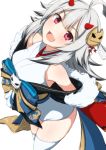  1girl :d ahoge azur_lane commentary_request grey_hair hair_ornament hibiki_(azur_lane) hibiki_(new_year&#039;s_little_imp)_(azur_lane) highres horns japanese_clothes koutarou_(plusdrive) looking_at_viewer open_mouth red_eyes red_horns simple_background smile solo thighhighs white_background white_legwear 