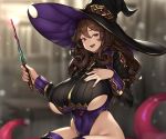  breast_hold breasts brown_hair cropped hat houtengeki leotard long_hair original red_eyes tentacles thighhighs underboob wand witch witch_hat 