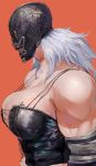  1girl biceps breasts center_opening cross-laced_clothes cross-laced_cutout densen_(itoguchi) dorohedoro large_breasts long_hair mask muscle muscular_female noi_(dorohedoro) orange_background simple_background white_hair 