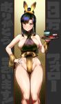  1girl bare_arms bare_legs bare_shoulders black_hair breasts bunny_hair_ornament cake detached_sleeves food gesogeso hair_ornament hairpin highres holding holding_tray japanese_clothes loincloth long_hair looking_at_viewer original pelvic_curtain revealing_clothes sideboob sidelocks sleeveless solo thigh_gap tray 