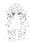  1girl bangs commentary_request covering_mouth eyebrows_visible_through_hair flower gloves graphite_(medium) greyscale hair_between_eyes hair_flower hair_ornament holding_sketchbook looking_at_viewer mechanical_pencil monochrome original pencil ryuuga_shou simple_background sketchbook solo traditional_media upper_body white_background 