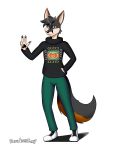 4_fingers absurd_res anthro bottomwear brown_eyes canid canine clothing davidsone fangs fingers footwear fox fur grey_body grey_fur gucci hi_res male mammal pants paws shoes solo sweater topwear 