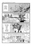  4koma aniapt_(manga) anthro black_nose blush book bookshelf bottomwear cheek_tuft cherry_blossom closed_smile clothed clothing comic detailed_background digital_media_(artwork) english_text eyes_closed facial_tuft fluffy fluffy_tail furniture grass greyscale hair happy hi_res holding_object hoodie inner_ear_fluff inside looking_up male mammal manga mephitid messy_hair monochrome multicolored_body open_mouth open_smile outside pants plant romantic_ambiance screentone shrub sidewalk simple_background skunk sky smile solo standing stripes sweater tailwag tapirclip text text_box topwear tree tuft two_tone_body two_tone_tail walking 