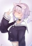  1girl ;p animal_ears breasts cat_ears cat_tail collar fataaa hairband highres hololive looking_at_viewer midriff navel nekomata_okayu one_eye_closed purple_eyes purple_hair purple_nails sailor_collar short_hair sleeves_past_wrists solo tail tongue tongue_out v virtual_youtuber 