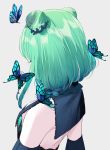  1girl animal backless_dress backless_outfit blue_dress blue_sleeves bug butterfly detached_sleeves double_bun dress eyelashes facing_away green_hair grey_background highres hololive insect misumi_(macaroni) short_hair simple_background solo upper_body uruha_rushia virtual_youtuber 