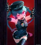  1girl aqua_hair bare_shoulders black_dress black_gloves black_headwear black_legwear cd commentary_request cosmo_(bousoup) cowboy_shot crack dress elbow_gloves facial_tattoo fangs gears gloves glowing glowing_eyes half-closed_eye hat hatsune_miku highres leaning_forward long_hair looking_at_viewer military_hat number_tattoo opening_door piano_keys raised_eyebrow red_background red_eyes sadistic_music_factory_(vocaloid) shiny shiny_clothes shoulder_tattoo sleeveless sleeveless_dress solo tattoo thighhighs tongue tongue_out twintails twitter_username very_long_hair vocaloid zettai_ryouiki 