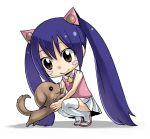  1girl bare_shoulders blue_hair blush brown_eyes chibi dog fairy_tail hair_between_eyes holding_dog long_hair looking_at_animal mashima_hiro official_art sandals shadow simple_background skirt sleeveless smile solo star_(symbol) thighhighs twintails wendy_marvell white_background white_legwear white_skirt 