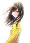  1girl breasts brown_eyes earrings eyebrows_visible_through_hair highres jewelry kazuharu_kina looking_at_viewer original shiny shiny_hair shirt signature simple_background small_breasts smile white_background white_shirt yellow_cardigan 