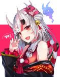  1girl bell breasts hair_between_eyes highres hitodama hololive horns japanese_clothes kie_(yospcd) long_hair looking_at_viewer nakiri_ayame oni_horns oni_mask open_mouth portrait red_eyes silver_hair simple_background solo virtual_youtuber 
