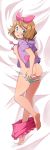  1girl ass bangs bar_censor barefoot bed_sheet blue_eyes blush bow breasts brown_hair censored commentary commission dakimakura english_commentary eyebrows_visible_through_hair feet from_above hair_bow highres looking_back lying miyuki_tsukiyono on_side open_mouth panties panty_pull pink_bow pink_shorts pokemon pokemon_(anime) pokemon_xy_(anime) serena_(pokemon) shiny shiny_hair shiny_skin short_hair shorts shorts_down sideboob soles solo toes tongue underwear white_panties 