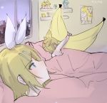  1boy 1girl 500_dollar_four_foot_tall_mareep banana bangs bed blonde_hair blue_eyes bow character_doll cityscape commentary english_commentary expressionless food from_behind fruit hair_bow hair_ornament hairclip half-closed_eyes hatsune_miku holding_toy kagamine_len kagamine_rin kaito meme moon night pillow poster_(object) rinjkk shelf shirtless spiked_hair stuffed_toy swept_bangs under_covers vocaloid white_bow window 