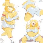  1:1 animal_crossing anthro belly big_belly big_breasts bodily_fluids bottomwear bra breasts camel_toe clothing english_text fanning_self female hotpants isabelle_(animal_crossing) love_handles muffin_top nintendo overweight overweight_female running shorts solo sports_bra sweat sweatdrop text thick_thighs underwear video_games viejillox weights 