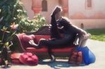  anthro balls bench chair detailed_background disney felid furniture genitals lounge_chair lounging male mammal nude nudist okdrsutsu pantherine penis personal_grooming pillow relaxing solo stretched_out_leg zootopia 