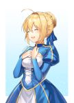  ._(user_skvv5757) 1girl :d absurdres ahoge aqua_background artoria_pendragon_(all) bangs blonde_hair blue_dress blue_ribbon blush braid breasts character_name closed_eyes commentary dress eyebrows_visible_through_hair eyelashes fate/grand_order fate_(series) hair_between_eyes hair_ribbon hands_over_breasts heart highres open_mouth ribbon saber shiny shiny_hair smile solo teeth tongue upper_teeth 