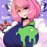  1girl blue_background breasts character_name commentary_request eyebrows_visible_through_hair heart kurara_(pokemon) kyouran_souryuu large_breasts long_hair mole mole_under_mouth parted_lips pink_hair poke_ball pokemon pokemon_(game) pokemon_swsh purple_eyes smile solo twitter_username 