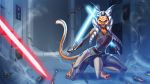  2020 ahsoka_tano alanscampos alternate_species anthro blue_eyes clothed clothing digital_media_(artwork) dual_wielding felid feline female furrification hi_res holding_object holding_weapon lightsaber lynx mammal melee_weapon patreon solo star_wars text url weapon 