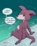  2020 4:5 anthro beastars blue_eyes breasts butt canid canine canis dialogue distracting_watermark english_text female frown gabcruztoons hi_res juno_(beastars) looking_at_viewer looking_back mammal nipples nude partially_submerged portrait rear_view signature sitting solo speech_bubble swimming_pool talking_to_viewer text three-quarter_portrait water watermark wolf 