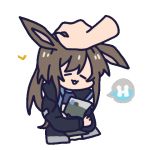 1girl :3 =_= amiya_(arknights) animal_ears animated arknights bangs black_jacket brown_hair bunny_ears chibi chinese_commentary crossed_arms gameplay_mechanics hair_between_eyes hand_on_another&#039;s_head holding holding_paper jacket kyou_039 long_hair long_sleeves looping_animation lowres open_clothes open_jacket paper petting solo speech_bubble transparent_background 