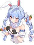  1girl absurdres animal_ear_fluff animal_ears bangs bare_shoulders black_gloves black_leotard blue_hair blush bow breasts bunny_ears carrot_hair_ornament closed_mouth commentary_request cropped_torso detached_sleeves dress eyebrows_visible_through_hair food_themed_hair_ornament fur-trimmed_gloves fur_trim gloves hair_between_eyes hair_bow hair_ornament hands_up highres hololive leotard long_hair multicolored_hair puffy_short_sleeves puffy_sleeves racchi. red_eyes short_eyebrows short_sleeves simple_background small_breasts solo strapless strapless_dress strapless_leotard tears thick_eyebrows twintails two-tone_hair upper_body usada_pekora very_long_hair virtual_youtuber white_background white_bow white_dress white_hair white_sleeves 