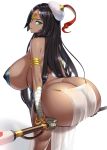  1girl absurdres arm_wrap armlet ass ass_support back bandaged_arm bandages bangs bent_over black_hair bracelet breasts butt_crack circlet covered_nipples curvy dark_skin fate/grand_order fate_(series) green_eyes hat hat_feather highres huge_ass huge_breasts jewelry long_hair looking_at_viewer looking_back parted_bangs parted_lips pelvic_curtain scheherazade_(fate/grand_order) scroll senria simple_background smile solo thick_thighs thighs very_long_hair white_background wide_hips 