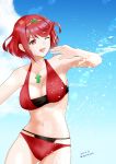  1girl :d alternate_costume bangs bikini black_bikini breasts chest_jewel cleavage cowboy_shot day highres homura_(xenoblade_2) large_breasts navel nayuta-knt one_eye_closed open_mouth outdoors red_bikini red_eyes red_hair short_hair sky smile solo splashing swept_bangs swimsuit tiara xenoblade_(series) xenoblade_2 