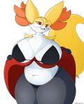  anthro big_breasts black_pupils breasts clothed clothing delphox female fur gayeon hi_res huge_breasts huge_thighs multicolored_body multicolored_fur navel nintendo pink_tongue pok&eacute;mon pok&eacute;mon_(species) round_glasses solo thick_thighs tongue video_games white_body white_fur wide_hips yellow_body yellow_ears yellow_fur yellow_tail 
