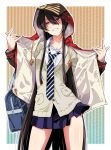  1girl \n/ bag bangs black_hair buttons cardigan collared_shirt commentary_request fate/grand_order fate_(series) hands_up highres hood hood_up hoodie long_hair looking_at_viewer necktie oda_nobunaga_(fate) oda_nobunaga_(fate)_(all) red_eyes school_bag school_uniform shirt skirt smile solo sweatshirt tsukumo very_long_hair 