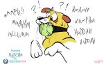  ball ball_gag bdsm bondage bondage_gear bound canid canine canis domestic_dog female feral gag mammal martha martha_speaks open_mouth overweight paws powerjam simple_background snout solo struggling teeth teeth_showing tennis_ball text 