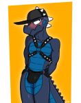  2020 anthro black_eyes blue_body blue_scales blush bodily_fluids border bulge clothing connivingrat front_view hands_behind_back harness hat headgear headwear male orange_background scales scalie shaq_(meatshaq) signature simple_background solo standing sweat sweatdrop white_border 