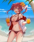  1girl alternate_hairstyle beach blush breasts cleavage collarbone commentary_request curcumin drink flower hair_flower hair_ornament heterochromia highres hololive houshou_marine large_breasts looking_at_viewer navel ocean red_hair sky solo swimsuit twitter_username virtual_youtuber 