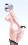  1girl areolae ass breasts commentary cowboy_shot hairband highres large_breasts mole mole_under_mouth nier_(series) nier_automata nipples nude open_mouth short_hair skindentation thighhighs thighs vvv white_background white_hair yorha_no._2_type_b 