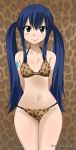  1girl animal_print arms_behind_back bare_shoulders bikini blue_hair blush breasts brown_eyes collarbone eyebrows_visible_through_hair fairy_tail gaston18 halterneck highres leopard_print long_hair looking_at_viewer navel sitting small_breasts smile swimsuit tattoo twintails wendy_marvell 