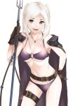  1girl belt brown_eyes brown_gloves fire_emblem fire_emblem_awakening fire_emblem_heroes gloves highres holding jewelry necklace o-ring o-ring_bikini open_mouth polearm robin_(fire_emblem) robin_(fire_emblem)_(female) simple_background solo thigh_strap tpicm twintails weapon white_background white_hair 