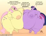  2019 anthro anthrofied areola belly belly_overhang belly_squish beverage big_butt blush breasts butt cutie_mark dialogue drinking duo english_text equid equine female fluttershy_(mlp) friendship_is_magic hair horse huge_areola huge_butt huge_thighs mammal morbidly_obese morbidly_obese_female my_little_pony navel nekocrispy nipples nude obese obese_female overweight overweight_female pegasus pink_hair purple_body simple_background smile squish standing text thick_thighs twilight_sparkle_(mlp) weight_gain wide_hips wings yellow_body 
