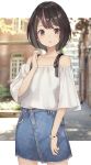  1girl :o bare_shoulders black_hair blue_skirt blurry bokeh collarbone cowboy_shot denim denim_skirt depth_of_field hand_up high-waist_skirt highres isegawa_yasutaka looking_at_viewer miniskirt multicolored_hair off-shoulder_shirt off_shoulder original outdoors parted_lips red_eyes shirt shirt_tucked_in short_hair short_sleeves skirt solo streaked_hair watch white_shirt wristwatch 