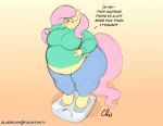  2019 anthro anthrofied belly belly_overhang big_belly big_breasts big_butt blush bottomwear breasts butt clothing dialogue english_text equid equine female fluttershy_(mlp) friendship_is_magic hair horse mammal my_little_pony nekocrispy obese obese_female overweight overweight_female pants pegasus pink_hair pony scale simple_background solo text thick_thighs turtleneck wings yellow_body 