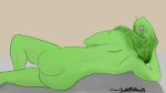  16:9 anthro big_butt breasts butt cobra female green_body green_skin looking_at_viewer looking_back lying on_side reptile scalie side_boob simple_background snake solo sumabledraws widescreen 