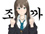  1girl bangs brown_hair buttons closed_mouth collared_shirt commentary_request double_middle_finger green_eyes green_neckwear idolmaster idolmaster_cinderella_girls jewelry kachobi_(user_atuh5854) korean_commentary long_hair looking_at_viewer necklace necktie shibuya_rin shiny shiny_hair shirt solo white_background white_shirt 