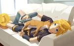  /\/\/\ 1boy animal animal_on_chest arm_warmers artist_name banana_print barefoot black_legwear black_shirt black_sleeves blonde_hair blue_eyes casual commentary controller couch dog expressionless hand_up holding_remote_control kagamine_len leg_warmers looking_at_viewer lying male_focus nokuhashi on_back pillow remote_control shirt solo spiked_hair vocaloid window 