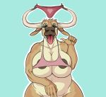  anthro areola areola_slip bedroom_eyes big_breasts bottomless bovid bovine breasts cattle clothed clothing female horn mammal narrowed_eyes on panties propositioning seductive slightly_chubby snakedakyoot solo tongue tongue_out underwear wide_hips 