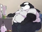 4:3 absurd_res anthro belly bodily_fluids cetacean chubby_cheeks clothed clothing computer computer_mouse delphinoid desk dewlap_(anatomy) double_chin eating food furniture hand_on_knee hi_res inside love_handles male mammal marine moobs obese obese_male oceanic_dolphin orca overweight overweight_male sitting solo straining_buttons sweat thick_thighs tight_clothing toothed_whale yosioka_san 