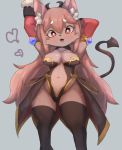  anthro armwear black_clothing black_legwear black_thigh_highs breasts clothed clothing collarbone demon female flyer_(pixiv) front_view hair hi_res legwear mammal navel nipple_outline red_armwear red_clothing solo tongue 