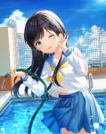  ._(user_skvv5757) 1girl absurdres black_hair blue_eyes blue_sailor_collar blue_skirt cloud day eyelashes hair_behind_ear highres holding_hose huge_filesize long_hair long_sleeves looking_at_viewer one_eye_closed original outdoors pleated_skirt pool pool_ladder sailor_collar shirt skirt sky solo summer symbol_commentary uniform water water_drop white_shirt 
