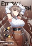  1girl armpits arms_up belt black_survival breasts brown_eyes brown_hair brown_skirt chain character_name chloe_(black_survival) fingerless_gloves gloves hair_ribbon high-waist_skirt large_breasts long_hair looking_at_viewer ribbon skirt spool vermillion_dice very_long_hair 