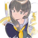  1girl black_shirt eyebrows_visible_through_hair grey_eyes grey_hair highres long_hair long_sleeves neckerchief original sailor_collar shirt signature solo umishima_senbon upper_body white_sailor_collar yellow_neckerchief 