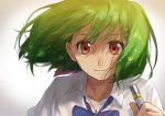  1girl bow bowtie floating_hair green_hair hair_between_eyes hair_ornament hairclip highres holding holding_microphone macross macross_frontier microphone mihoshi_academy_uniform pote-mm ranka_lee school_uniform shirt solo white_shirt 