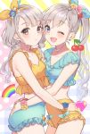  2girls :o ;d anoa bangs bare_arms bare_shoulders blue_eyes blue_flower blue_ribbon blush breasts brown_eyes brown_flower cleavage collarbone commentary_request diagonal_stripes eyebrows_visible_through_hair flower flower_bracelet hair_ribbon heart high_ponytail hisakawa_hayate hisakawa_nagi idolmaster idolmaster_cinderella_girls long_hair midriff multiple_girls one_eye_closed open_mouth orange_ribbon parted_lips pink_flower plaid plaid_background polka_dot polka_dot_background ponytail rainbow red_flower ribbon siblings sisters small_breasts smile sparkle striped striped_background twins very_long_hair yellow_flower 