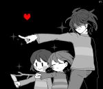  3others bangs blush_stickers chara_(undertale) closed_eyes closed_mouth crossover deltarune frisk_(undertale) greyscale heart highres holding holding_knife holding_stick holding_weapon knife kris_(deltarune) long_sleeves monochrome multiple_others n3ss_0 pants pointing shaded_face short_hair simple_background smile sparkle stick striped striped_sweater sweater undertale weapon 