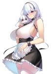  1girl absurdres apron azur_lane bangs bare_shoulders black_hairband blush breasts character_doll closed_mouth commentary_request dido_(azur_lane) dress eyebrows_visible_through_hair frilled_apron frills hairband highres huge_breasts long_hair looking_at_viewer pink_eyes silver_hair simple_background sleeveless sleeveless_dress smile solo thighhighs thighs underboob underboob_cutout waist_apron white_apron white_background white_legwear yamanokami_eaka 